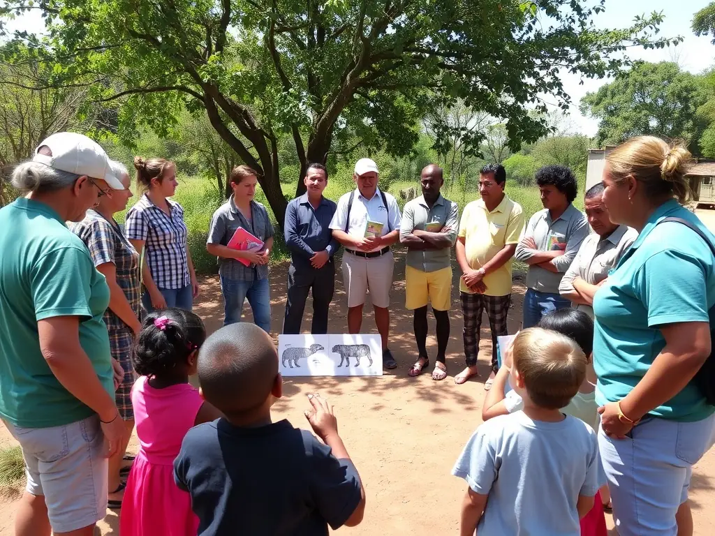 A photograph featuring members of SOCIETE COMMUNALE DE CHASSE LE LEVRAUT DE SAINTE GEMME leading an educational workshop for local students, teaching them about wildlife conservation and responsible hunting practices. The image should convey a sense of community engagement and education.