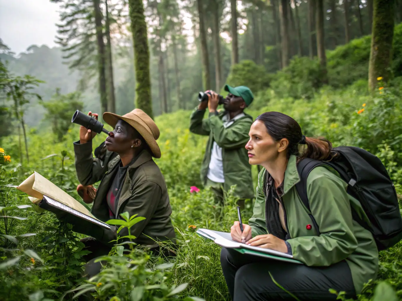 A photograph showcasing members of the organization conducting a wildlife survey, using binoculars and tracking equipment to monitor animal populations and assess their health. The image should highlight the scientific aspect of game management.