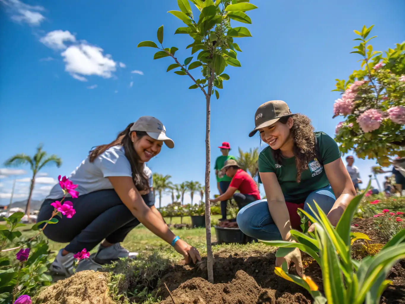 A photograph depicting volunteers planting native trees as part of a habitat restoration project, showcasing the organization's commitment to environmental conservation.