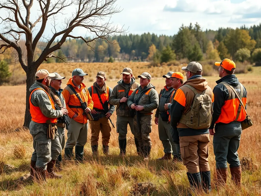 A photograph of a group of hunters participating in a training workshop on responsible hunting practices and wildlife conservation.
