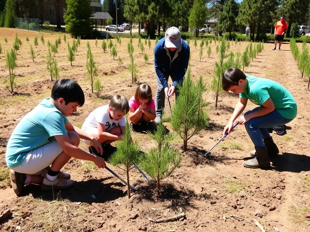 A photograph depicting volunteers planting native trees as part of a habitat restoration project, showcasing the organization's commitment to environmental conservation.