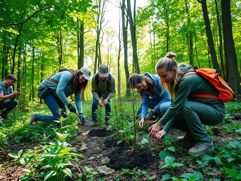A photograph depicting members of SOCIETE COMMUNALE DE CHASSE LE LEVRAUT DE SAINTE GEMME participating in a habitat restoration project, planting native trees and shrubs in a designated area. The image should convey a sense of teamwork and environmental stewardship.